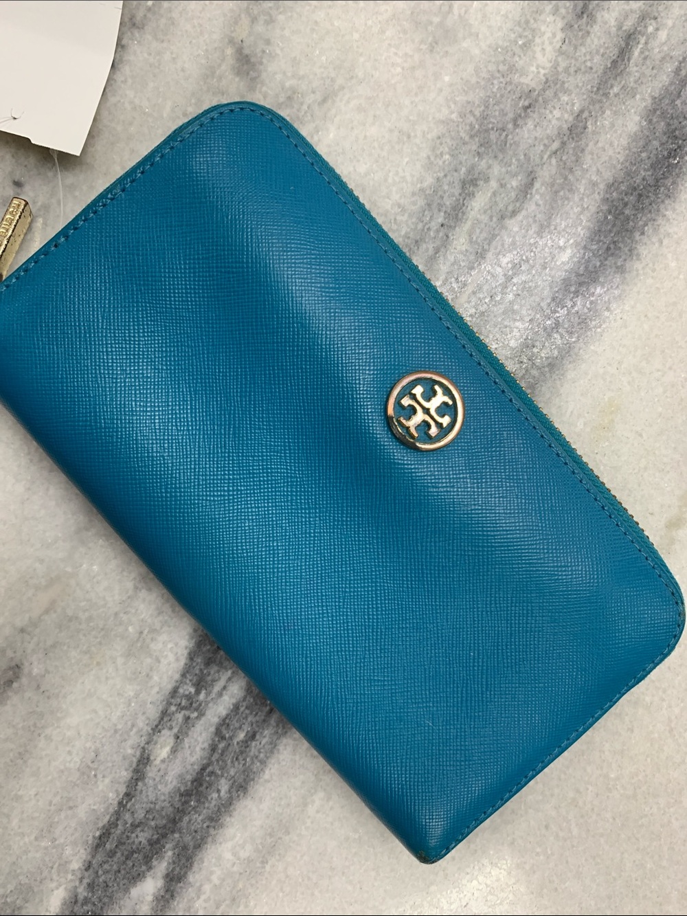Tory Burch Teal Zip-Around Leather Card Holder